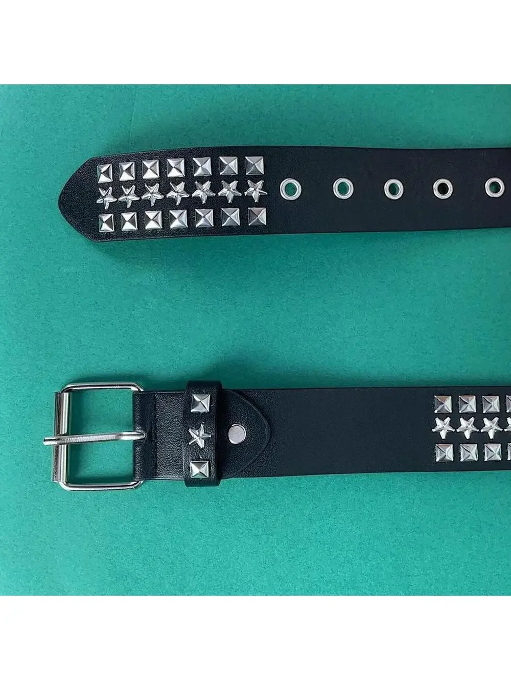 Y2k Cyber 2000s style star studded grunge emo black and silver belt. High
